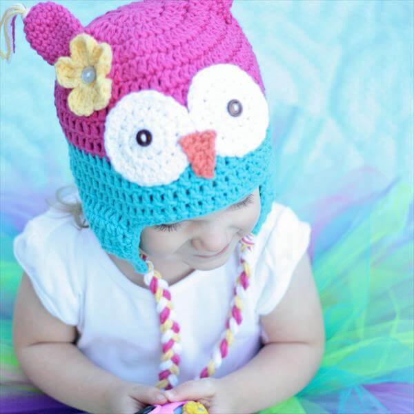 chic blue and purple crochet baby owl hat