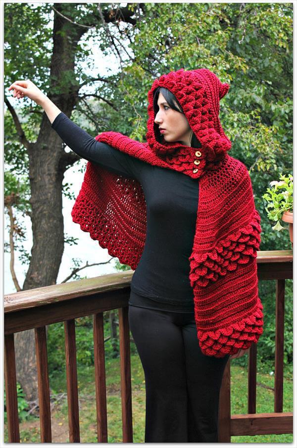 red crochet hooded cape