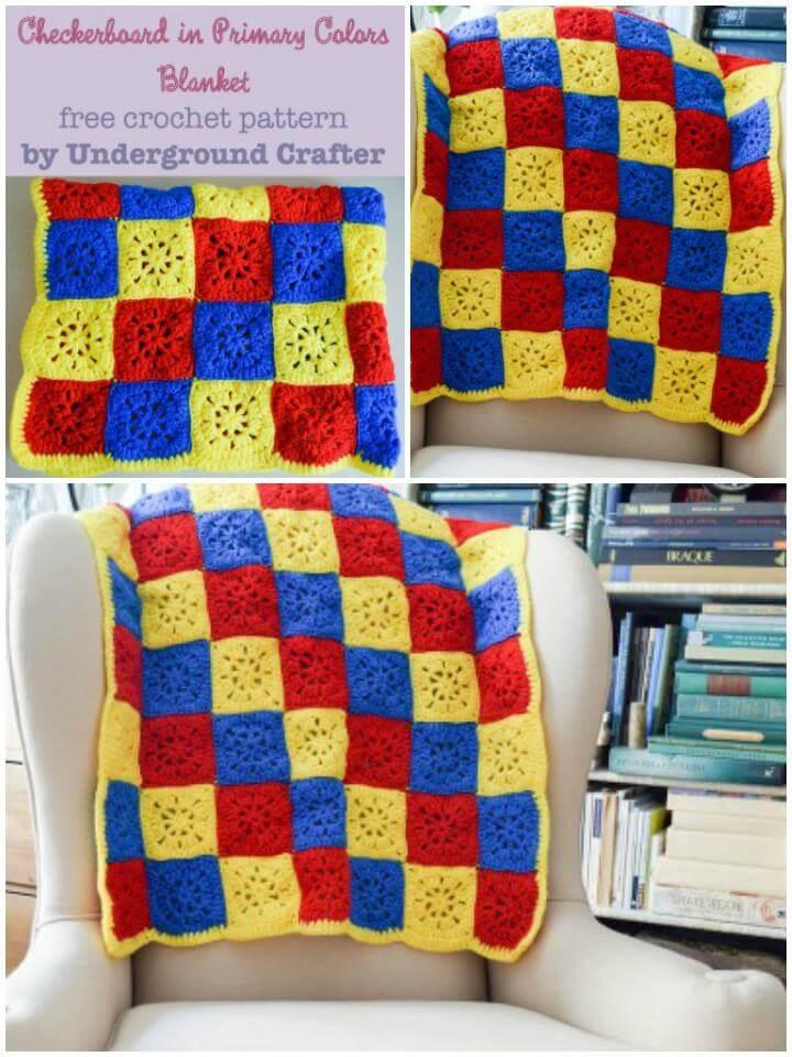 crochet checkboard blanket in primary colors