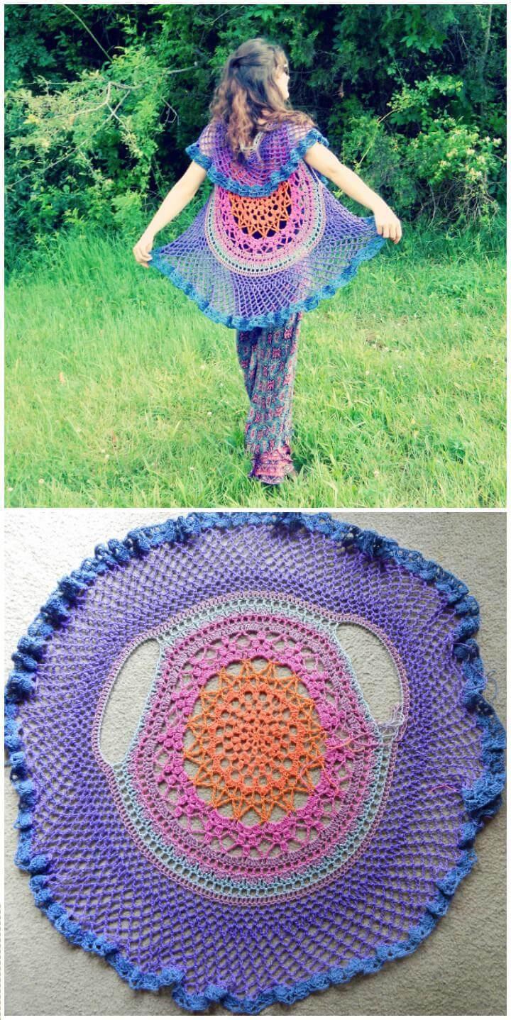 free crochet lotus mandala circular vest