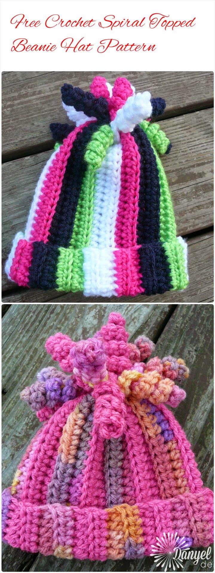 crochet spiral topped beanie hat