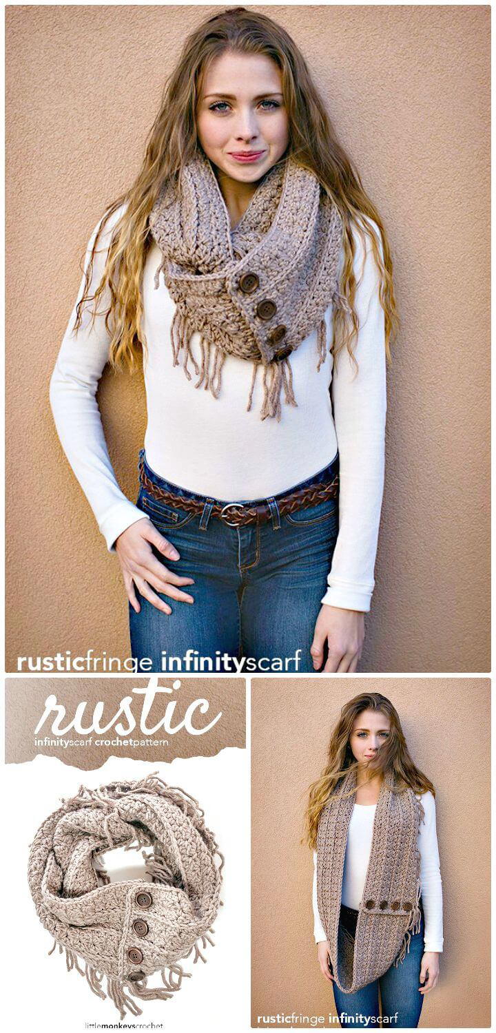 Adorable Free Crochet Rustic Fringe Infinity Scarf Pattern