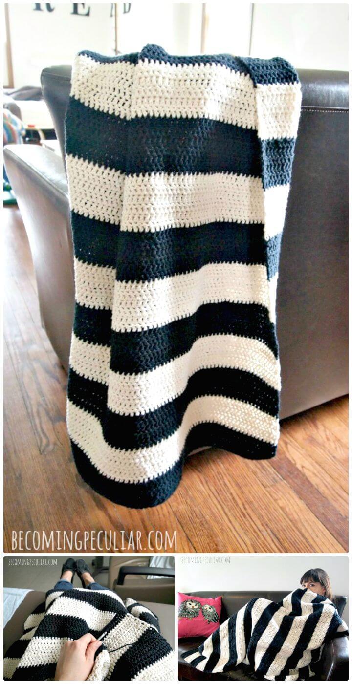 Super Easy Free Crochet Beginner’s Striped Cotton Throw Blanket Pattern